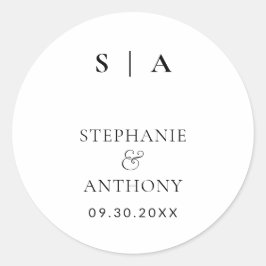 Modern minimalistisch monogram zwart-wit huwelijk ronde sticker