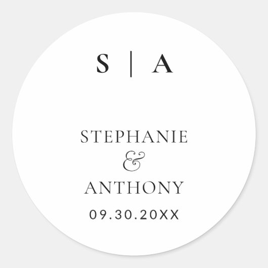 Modern minimalistisch monogram zwart-wit huwelijk ronde sticker (Voorkant)