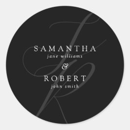 Modern minimalistisch monogram zwart-wit huwelijk ronde sticker