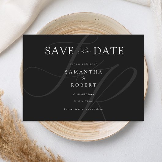 Modern minimalistisch monogram zwart-wit huwelijk save the date