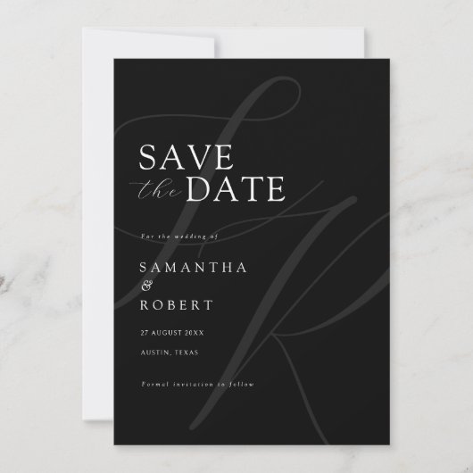 Modern minimalistisch monogram zwart-wit huwelijk save the date (Voorkant)