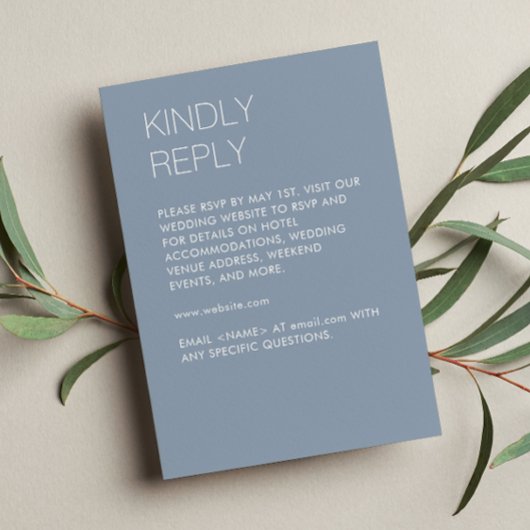 Modern minimalistisch mosterdblauw huwelijk RSVP kaartje