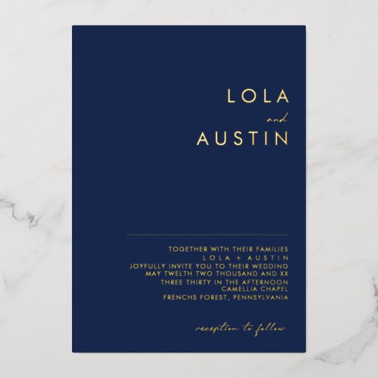 Modern minimalistisch | Navy and Gold Wedding Real Folie Uitnodiging (Voorkant)