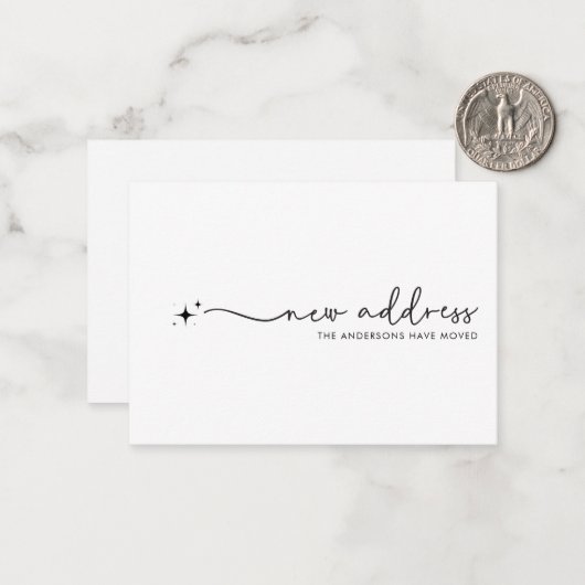 Modern minimalistisch nieuw adres handgeschreven s notitiekaartje (Voorkant / Achterkant in situ)