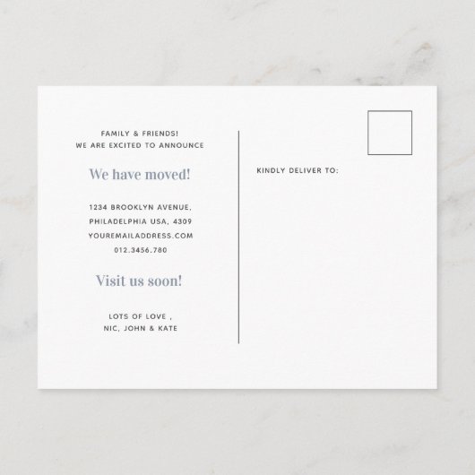 Modern minimalistisch nieuw thuispuin blauw aankondigingskaart (Achterkant)