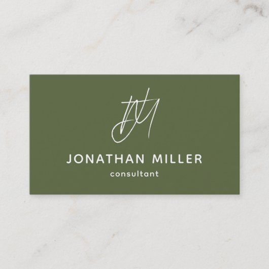 Modern minimalistisch olive Green Monogram Visitekaartje (Voorkant)