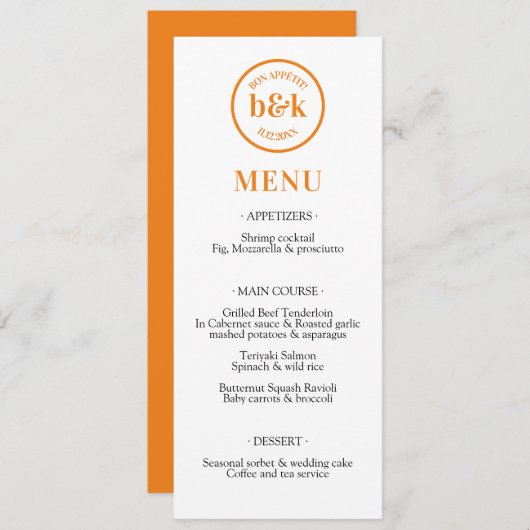 Modern minimalistisch Oranje huwelijk MENU (Voorkant / Achterkant)