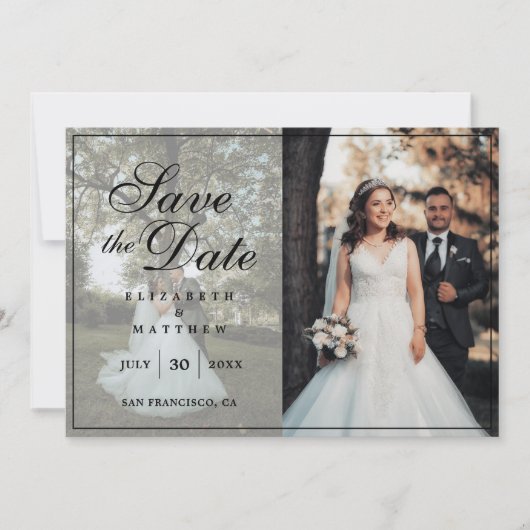 Modern minimalistisch paar foto-collage bruiloft save the date (Voorkant)