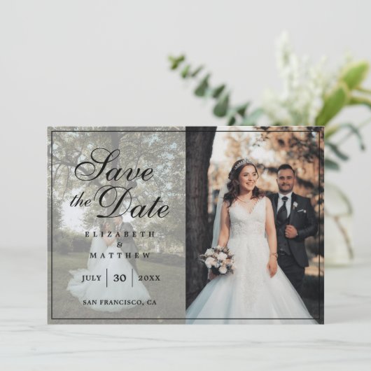 Modern minimalistisch paar foto-collage bruiloft save the date (Staand voorkant)