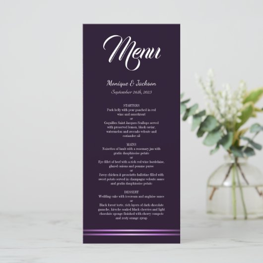 Modern minimalistisch Paars bruiloft menu (Staand voorkant)