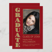 Modern minimalistisch Red Gold Photo-Afstuderen Aankondiging (Voorkant / Achterkant)