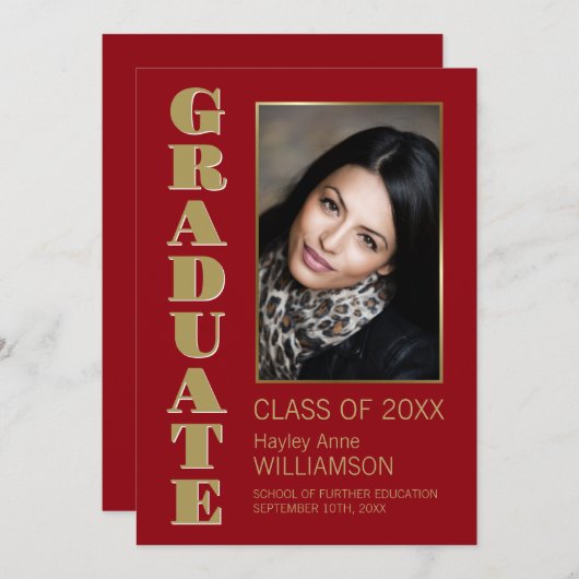 Modern minimalistisch Red Gold Photo-Afstuderen Aankondiging (Voorkant / Achterkant)