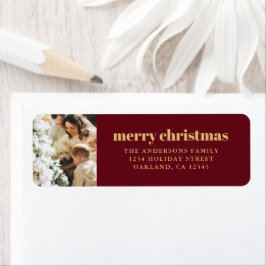 Modern minimalistisch rood en goud vrolijk kerstfe etiket