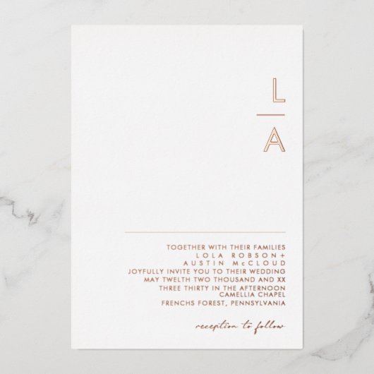 Modern minimalistisch Roos Gold Monogram Weddensch Folie Uitnodiging (Voorkant)