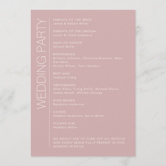 Modern minimalistisch Roos huwelijk Programmakaart (Achterkant)