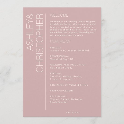 Modern minimalistisch Roos huwelijk Programmakaart (Voorkant)