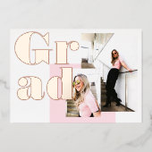 Modern minimalistisch roze 2 foto's afstuderen folie uitnodiging (Voorkant)