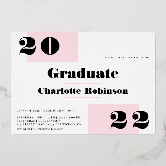 Modern minimalistisch roze 2 foto's afstuderen folie uitnodiging (Achterkant)