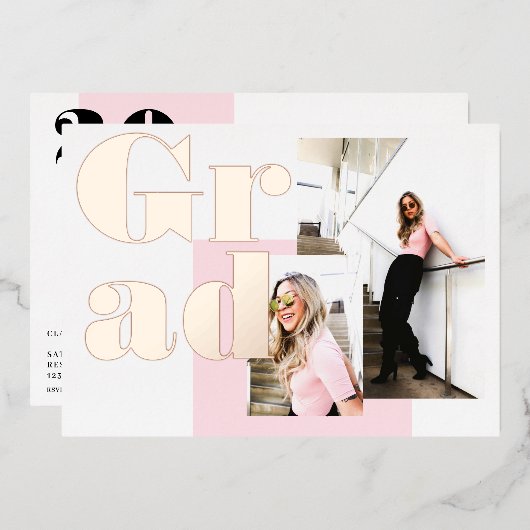 Modern minimalistisch roze 2 foto's afstuderen folie uitnodiging (Voorkant / Achterkant)