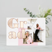 Modern minimalistisch roze 2 foto's afstuderen folie uitnodiging (Staand Voorkant)