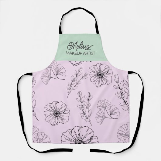 Modern minimalistisch roze groen bloemlijn patroon schort (Voorkant)