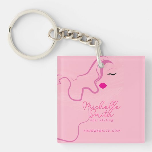Modern minimalistisch roze haar styling golvend ka sleutelhanger (voorkant)