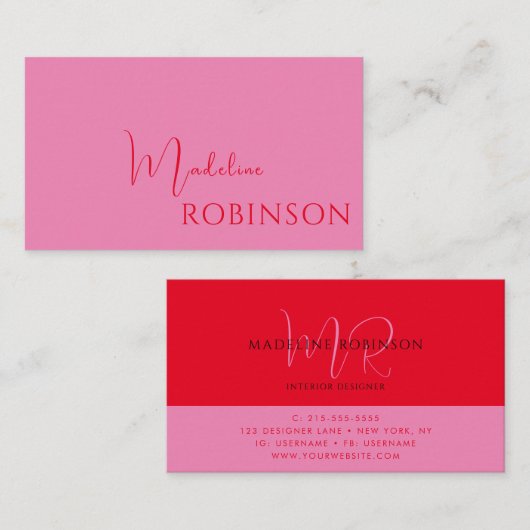 Modern Minimalistisch Roze Rood Script Visitekaartje (Voorkant / Achterkant)