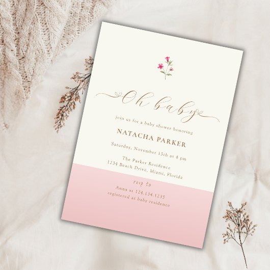 Modern minimalistisch roze Wildflower Baby shower Kaart