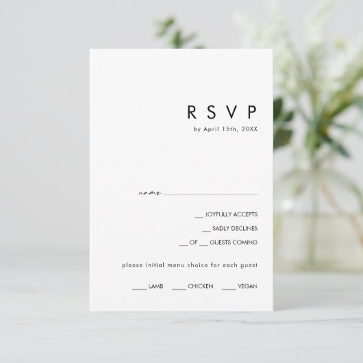 Modern minimalistisch | RSVP-kaart met zwarte menu (Staand voorkant)