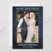 Modern minimalistisch rustiek blauw hout save the date (Voorkant)