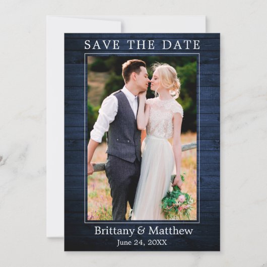 Modern minimalistisch rustiek blauw hout save the date (Voorkant)