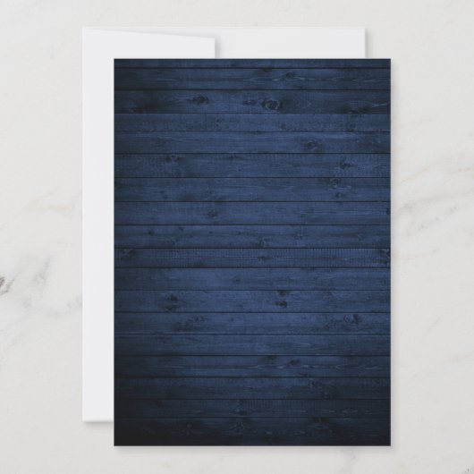 Modern minimalistisch rustiek blauw hout save the date (Achterkant)