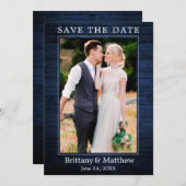 Modern minimalistisch rustiek blauw hout save the date (Voorkant / Achterkant)