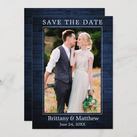 Modern minimalistisch rustiek blauw hout save the date (Voorkant / Achterkant)