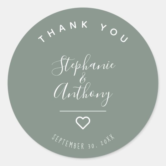 Modern minimalistisch Sage Green Heart Wedding Ronde Sticker (Voorkant)