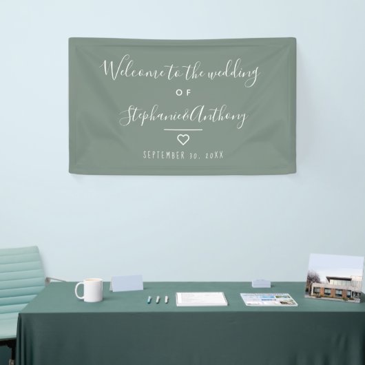 Modern minimalistisch Sage Green Heart Wedding Spandoek (Beurs)