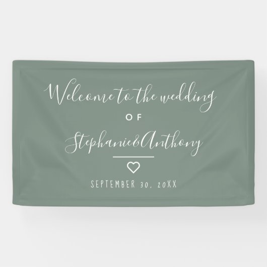 Modern minimalistisch Sage Green Heart Wedding Spandoek (Horizontaal)