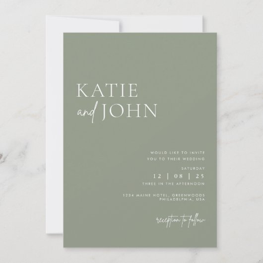 Modern minimalistisch Sage Green Wedding Kaart (Voorkant)