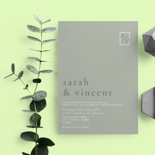 Modern minimalistisch Sage Green Wedding Kaart