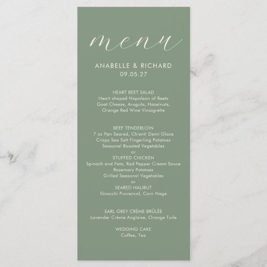 Modern minimalistisch Sage Green Wedding Menu (Voorkant)