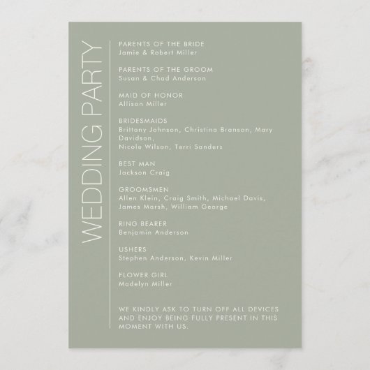 Modern minimalistisch Sage Green Wedding Programmakaart (Achterkant)