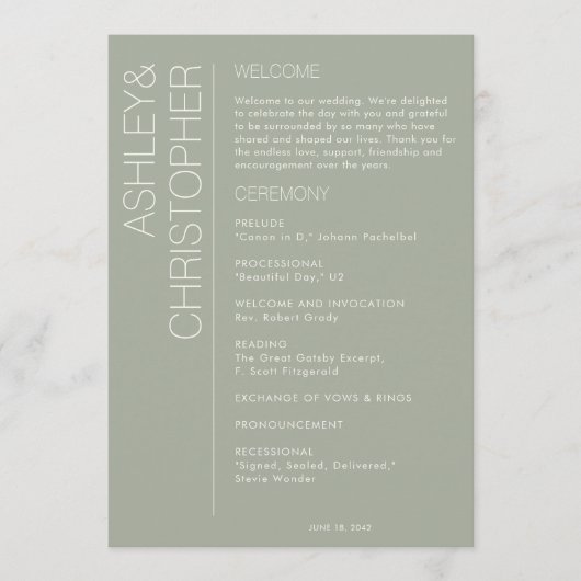 Modern minimalistisch Sage Green Wedding Programmakaart (Voorkant)