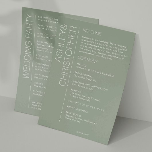 Modern minimalistisch Sage Green Wedding Programmakaart