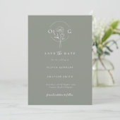 Modern Minimalistisch Sage Groen Bruiloft Monogram Save The Date (Staand voorkant)