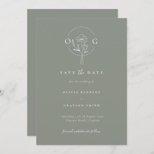 Modern Minimalistisch Sage Groen Bruiloft Monogram Save The Date (Voorkant / Achterkant)