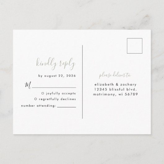 Modern Minimalistisch Sage Groen Script Bruiloft R Briefkaart (Achterkant)