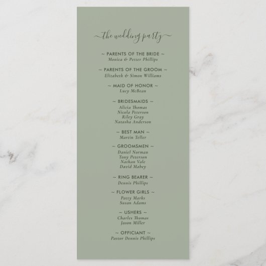 Modern minimalistisch salie groen bruiloft program programmakaart (Achterkant)