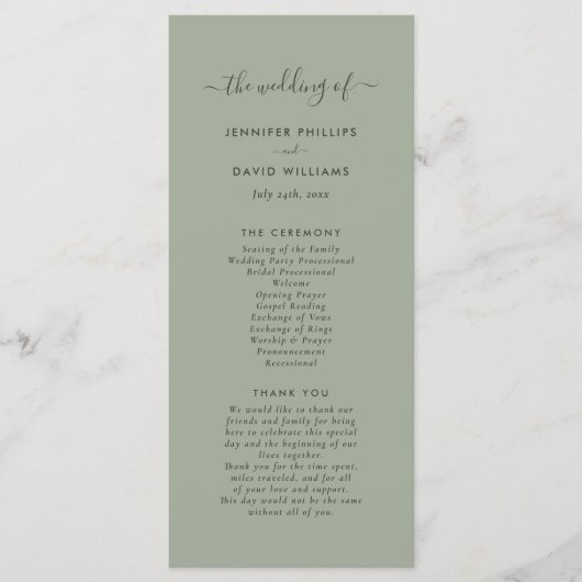 Modern minimalistisch salie groen bruiloft program programmakaart (Voorkant)