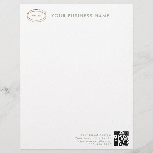 Modern Minimalistisch Salie Groen QR Code Zakelijk Briefhoofd (Voorkant)