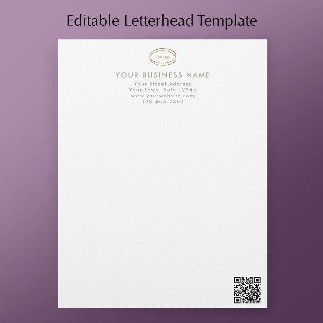 Modern Minimalistisch Saliegroen QR Code Zakelijk  Briefhoofd (Personalize this modern sage green script letterhead with your business details, logo & QR code.
)